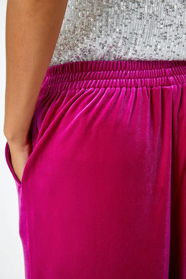 Women Pink Velvet Elastic Waist Wide Leg Trousers Roman Trousers