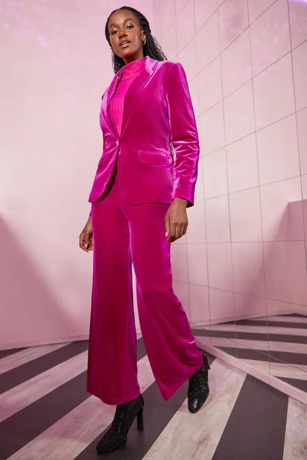 Women Pink Velvet Elastic Waist Wide Leg Trousers Roman Trousers