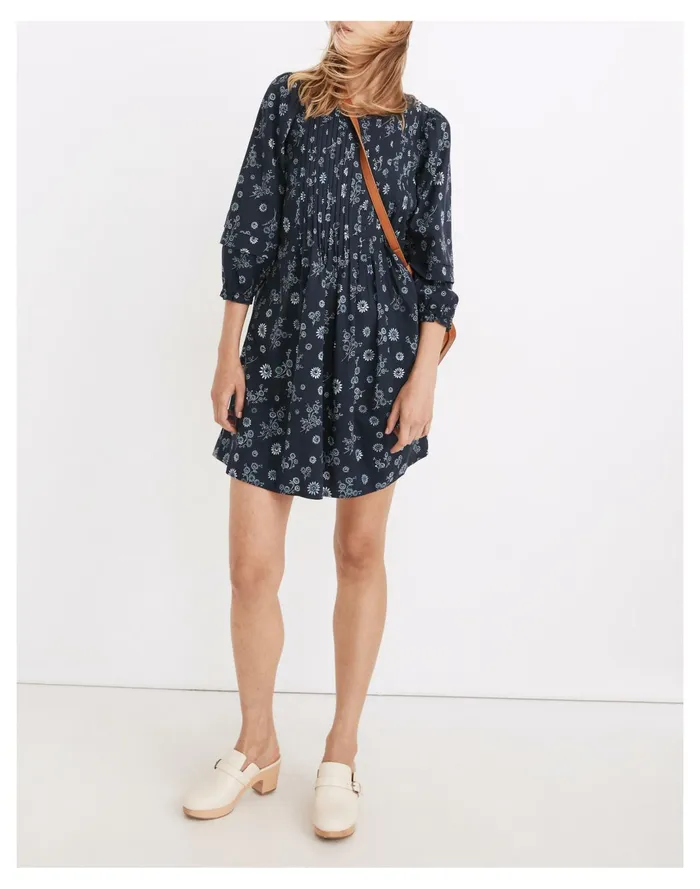Women Pintuck Puff Sleeve Mini Dress In Cottage Floral Deep Navy Madewell Dresses