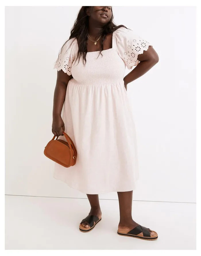Women Plus Linen Blend Eyelet Sleeve Lucie Smocked Midi Dress Wisteria Dove Madewell Dresses Women Plus Linen Blend Eyelet Sleeve Lucie Smocked Midi Dress Wisteria Dove Madewell Dresses