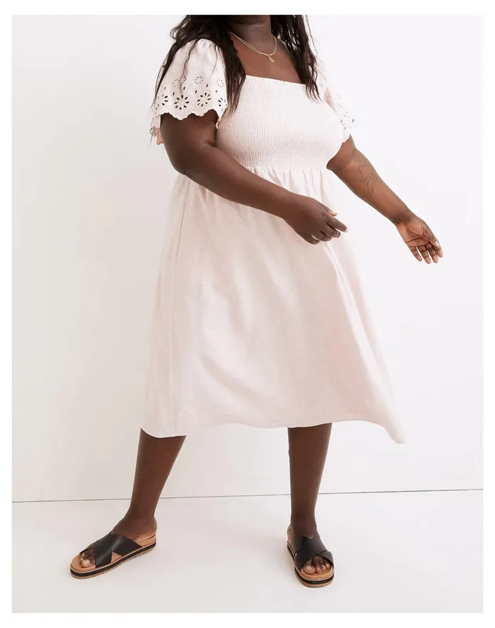 Women Plus Linen Blend Eyelet Sleeve Lucie Smocked Midi Dress Wisteria Dove Madewell Dresses Women Plus Linen Blend Eyelet Sleeve Lucie Smocked Midi Dress Wisteria Dove Madewell Dresses
