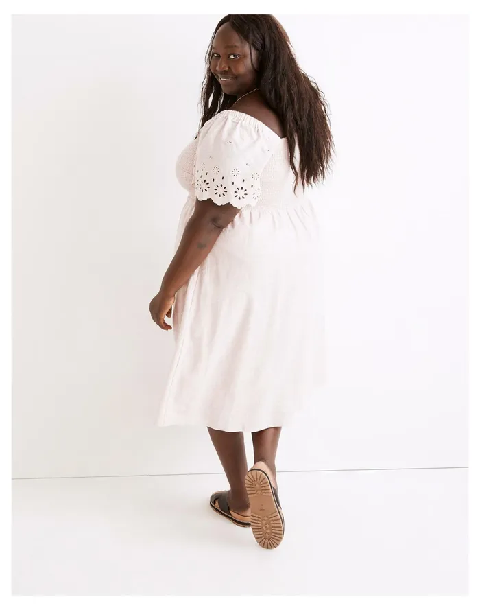 Women Plus Linen Blend Eyelet Sleeve Lucie Smocked Midi Dress Wisteria Dove Madewell Dresses Women Plus Linen Blend Eyelet Sleeve Lucie Smocked Midi Dress Wisteria Dove Madewell Dresses