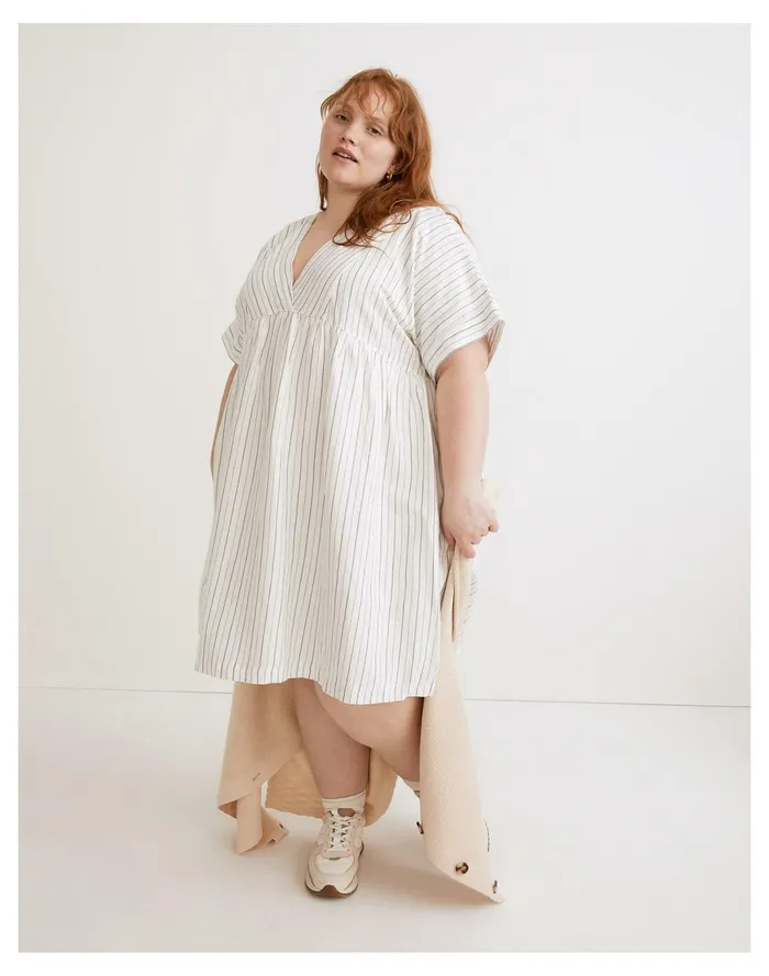 Women Plus Linen Blend V Neck Dolman Sleeve Mini Dress In Stripe Dusty Twilight Madewell Dresses