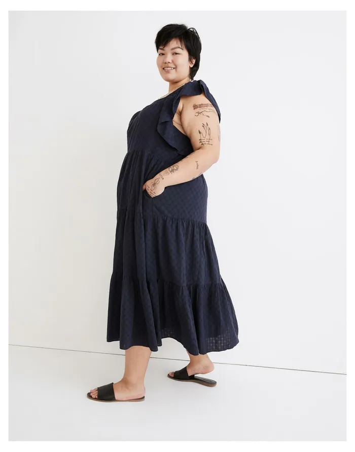 Women Plus Ruffle Sleeve Tiered Midi Dress In Textured Check Juniper Berry Madewell Dresses Women Plus Ruffle Sleeve Tiered Midi Dress In Textured Check Juniper Berry Madewell Dresses
