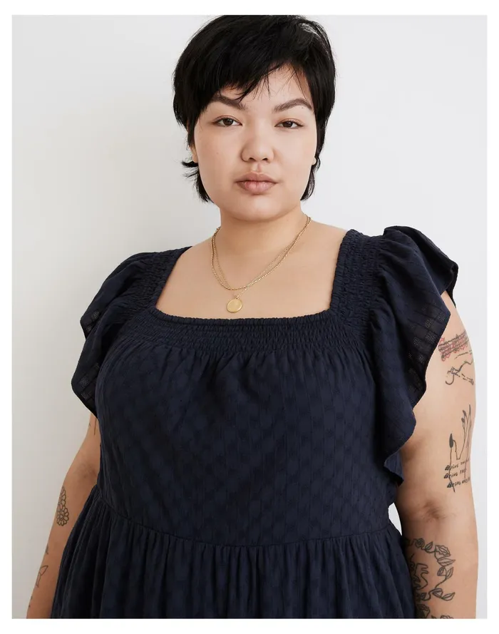 Women Plus Ruffle Sleeve Tiered Midi Dress In Textured Check Juniper Berry Madewell Dresses Women Plus Ruffle Sleeve Tiered Midi Dress In Textured Check Juniper Berry Madewell Dresses