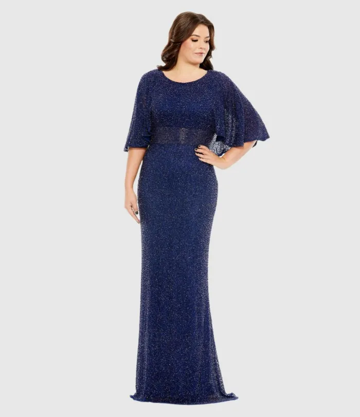 Women Plus Size Dresses Mac Duggal Embellished Cape Sleeve Dress Midnight