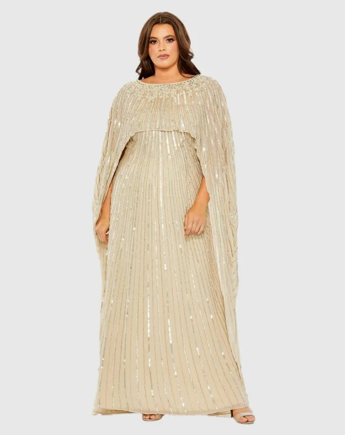 Women Plus Size Dresses Mac Duggal Embellished Column Cape Dress Champagne