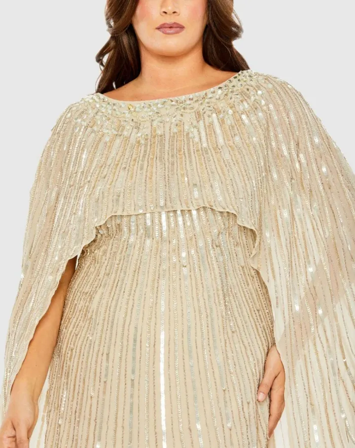 Women Plus Size Dresses Mac Duggal Embellished Column Cape Dress Champagne