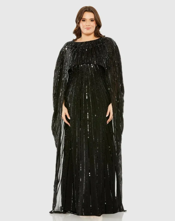 Women Plus Size Dresses Mac Duggal Embellished Column Cape Dress Champagne