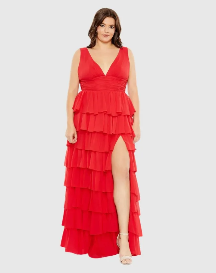 Women Plus Size Dresses Mac Duggal Red Ruffle Tiered Sleeveless V Neck Gown Plus Red