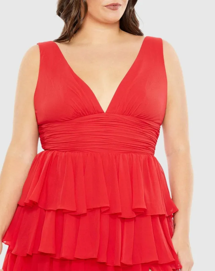 Women Plus Size Dresses Mac Duggal Red Ruffle Tiered Sleeveless V Neck Gown Plus Red