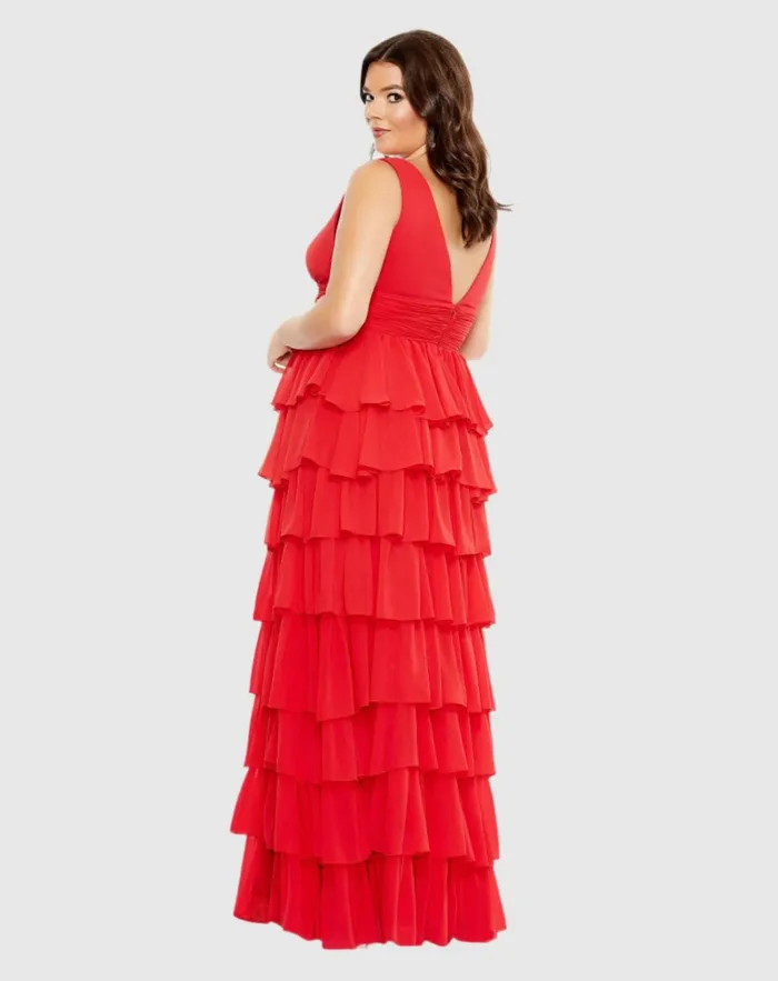 Women Plus Size Dresses Mac Duggal Red Ruffle Tiered Sleeveless V Neck Gown Plus Red