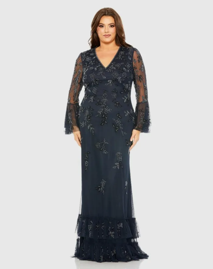 Women Plus Size Dresses Mac Duggal V Neck Embellished Flutter Tiered Long Sleeve Dress Midnight Women Plus Size Dresses Mac Duggal V Neck Embellished Flutter Tiered Long Sleeve Dress Midnight