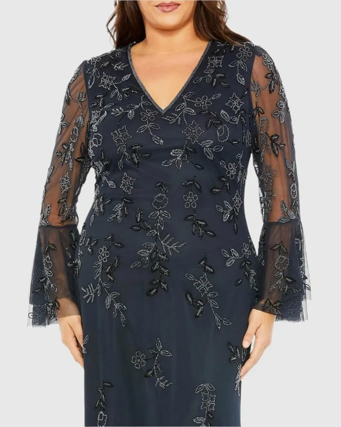 Women Plus Size Dresses Mac Duggal V Neck Embellished Flutter Tiered Long Sleeve Dress Midnight