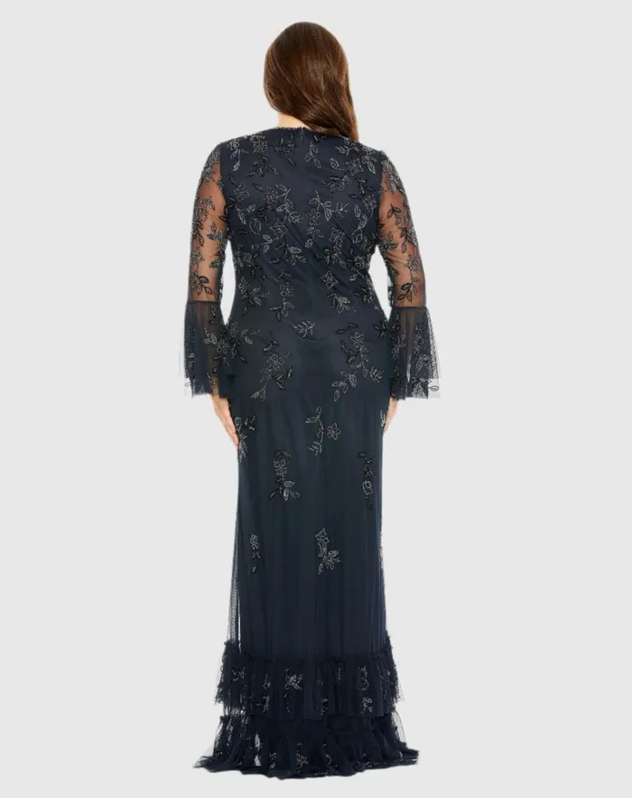 Women Plus Size Dresses Mac Duggal V Neck Embellished Flutter Tiered Long Sleeve Dress Midnight