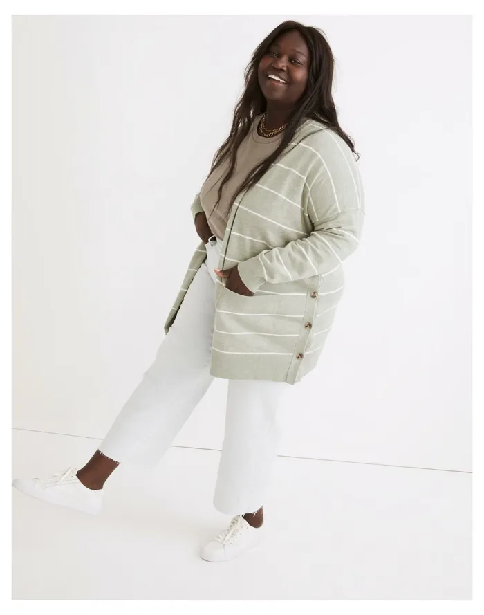 Women Plus Striped Marlton Side Button Cardigan Sweater Frosted Sage Madewell Sweaters