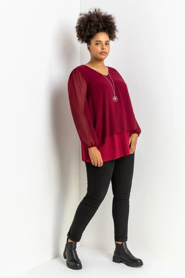 Women Port Curve Chiffon Top With Necklace Roman Tops