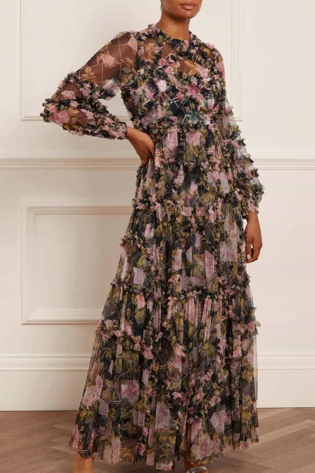 Women Printed Dresses Needle and Thread English Rose Diamond Ruffle Gown Black