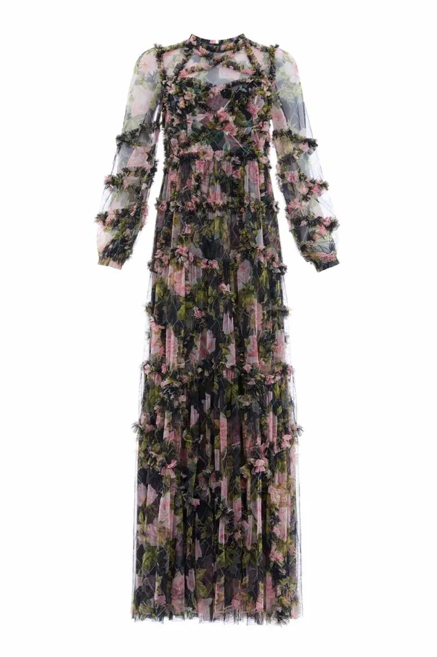 Women Printed Dresses Needle and Thread English Rose Diamond Ruffle Gown Black