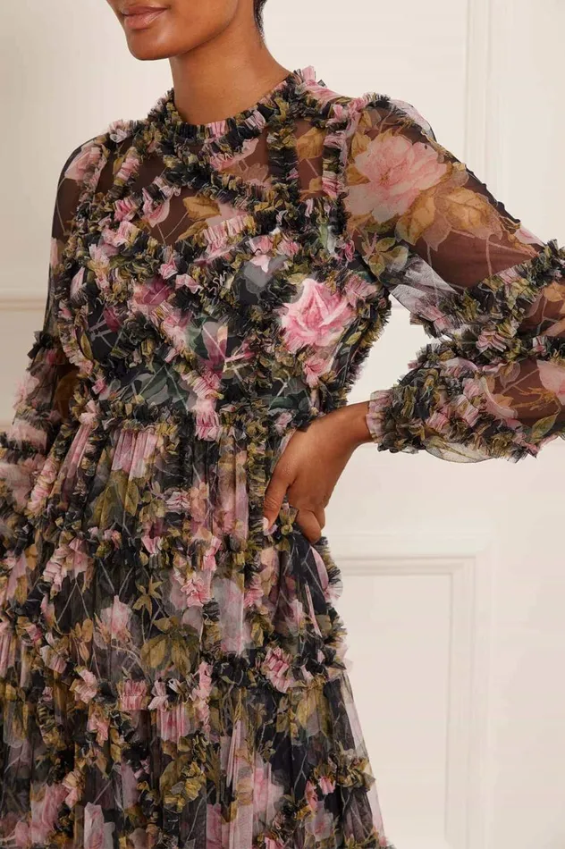Women Printed Dresses Needle and Thread English Rose Diamond Ruffle Gown Black