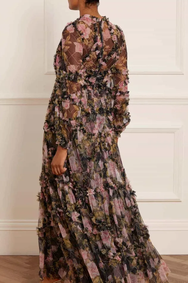 Women Printed Dresses Needle and Thread English Rose Diamond Ruffle Gown Black