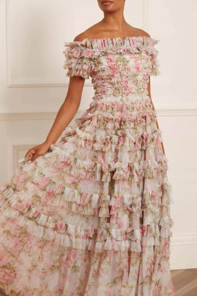 Women Printed Dresses Needle and Thread English Rose Lisette Off Shoulder Gown Multi