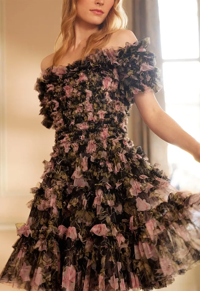 Women Printed Dresses Needle and Thread English Rose Lisette Off Shoulder Micro Mini Dress Black