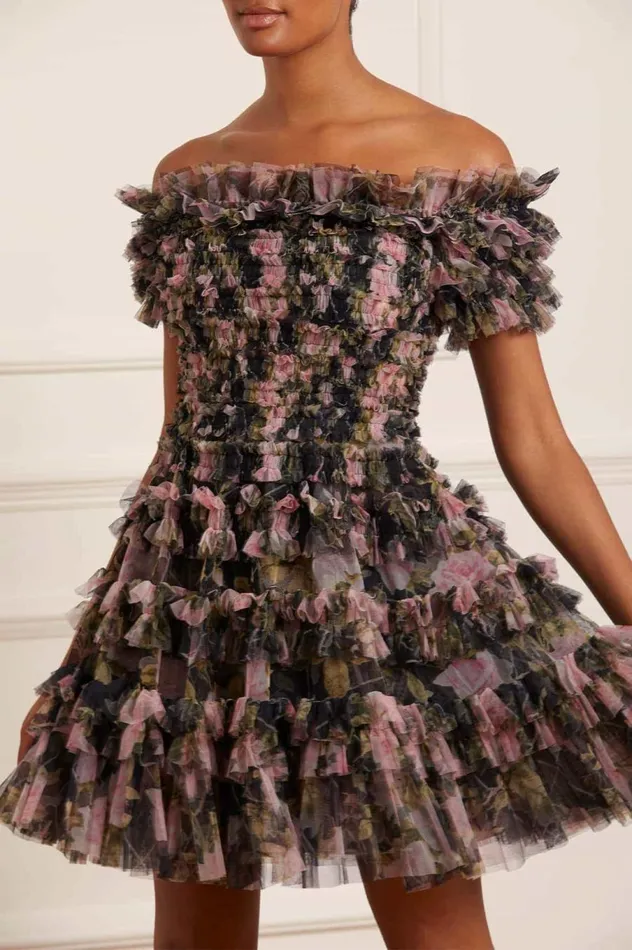 Women Printed Dresses Needle and Thread English Rose Lisette Off Shoulder Micro Mini Dress Black