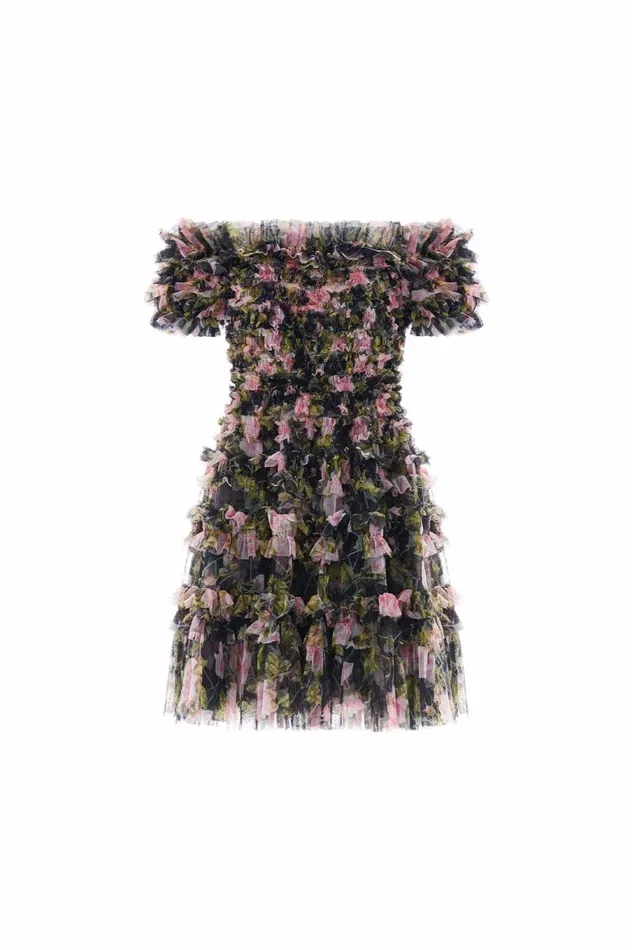 Women Printed Dresses Needle and Thread English Rose Lisette Off Shoulder Micro Mini Dress Black