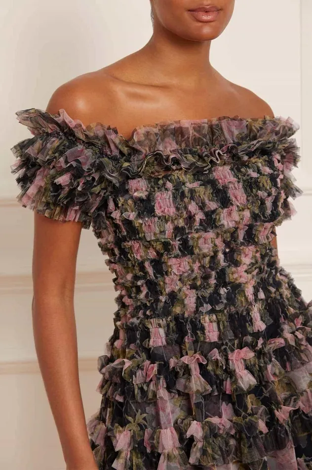 Women Printed Dresses Needle and Thread English Rose Lisette Off Shoulder Micro Mini Dress Black