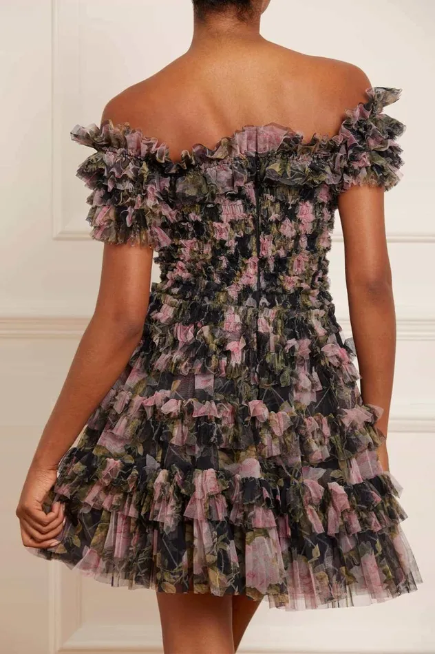Women Printed Dresses Needle and Thread English Rose Lisette Off Shoulder Micro Mini Dress Black