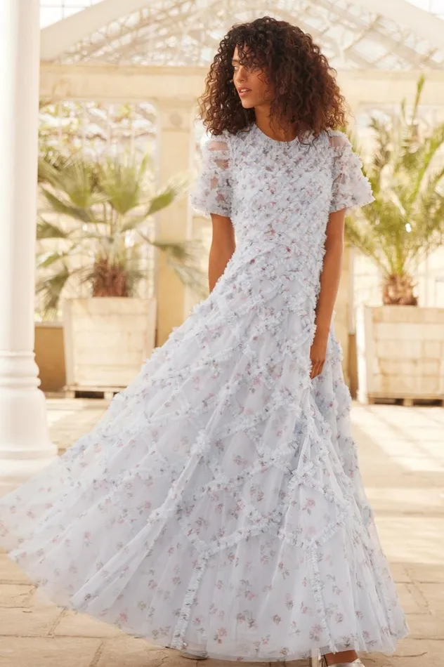 Women Printed Dresses Needle and Thread Scatter Ditsy Evelyn Backless Gown Blue