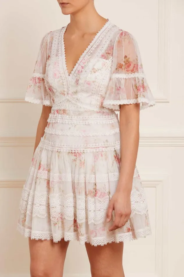 Women Printed Dresses Needle and Thread Trailing Blooms Lace Micro Mini Dress Multi