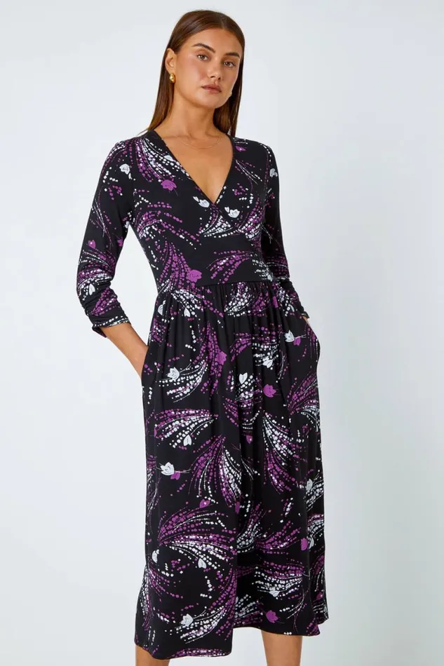 Women Purple Abstract Print Wrap Midi Stretch Dress Roman Dresses