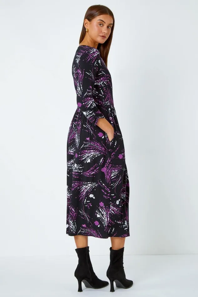 Women Purple Abstract Print Wrap Midi Stretch Dress Roman Dresses