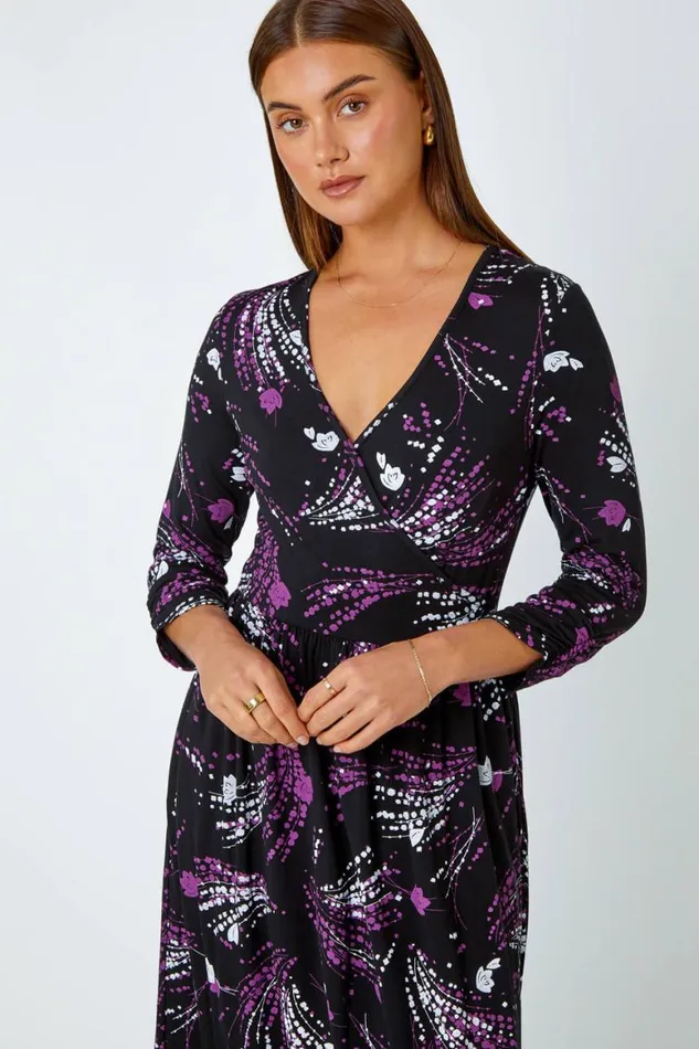 Women Purple Abstract Print Wrap Midi Stretch Dress Roman Dresses