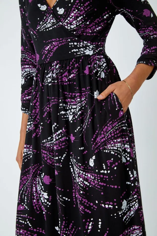 Women Purple Abstract Print Wrap Midi Stretch Dress Roman Dresses