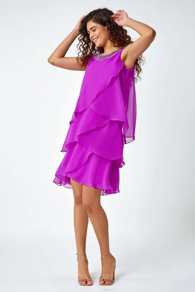 Women Purple Bead Embellished Tiered Chiffon Dress Roman Dresses