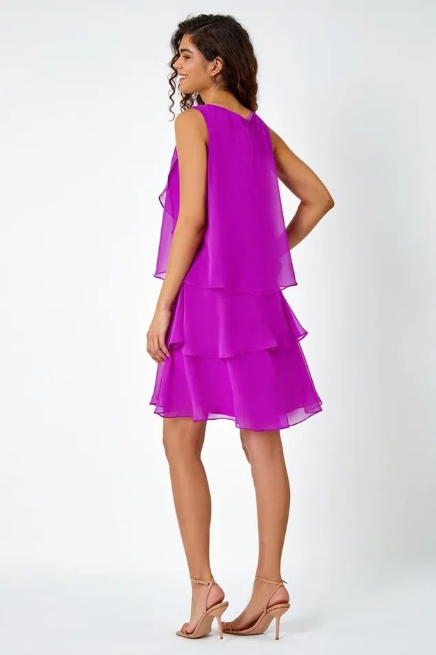 Women Purple Bead Embellished Tiered Chiffon Dress Roman Dresses