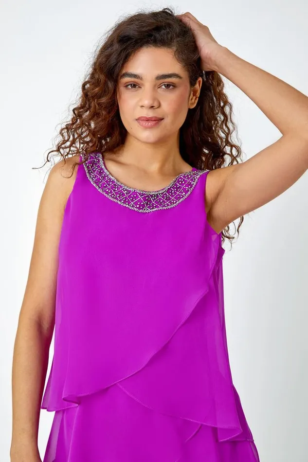 Women Purple Bead Embellished Tiered Chiffon Dress Roman Dresses