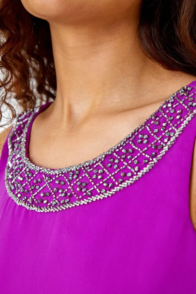 Women Purple Bead Embellished Tiered Chiffon Dress Roman Dresses