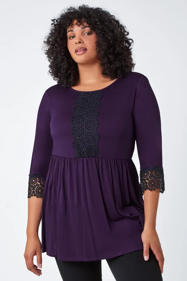 Women Purple Curve Lace Detail Stretch Tunic Top Roman Tops