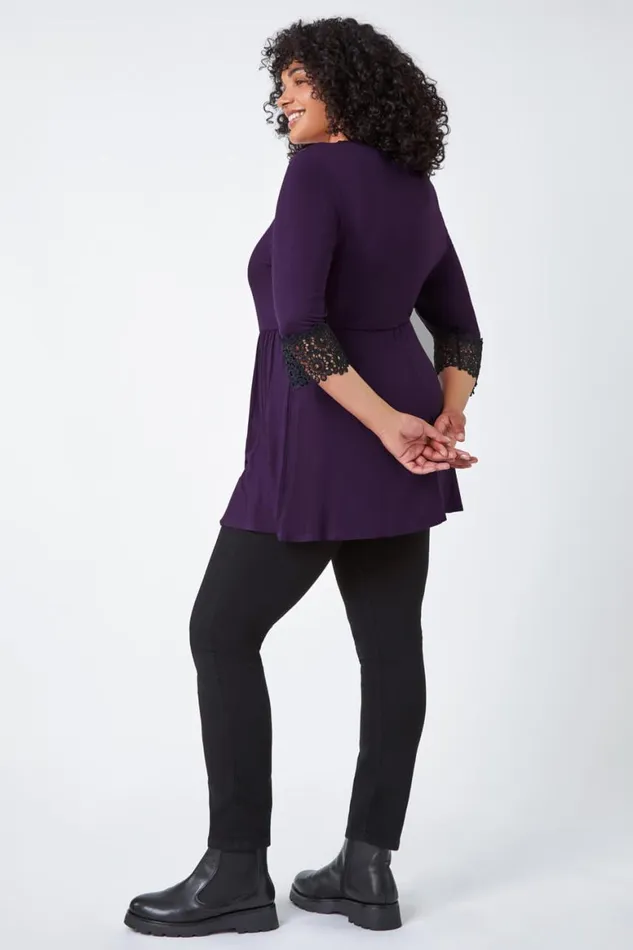 Women Purple Curve Lace Detail Stretch Tunic Top Roman Tops