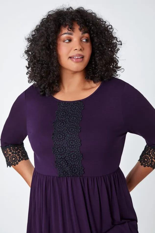 Women Purple Curve Lace Detail Stretch Tunic Top Roman Tops
