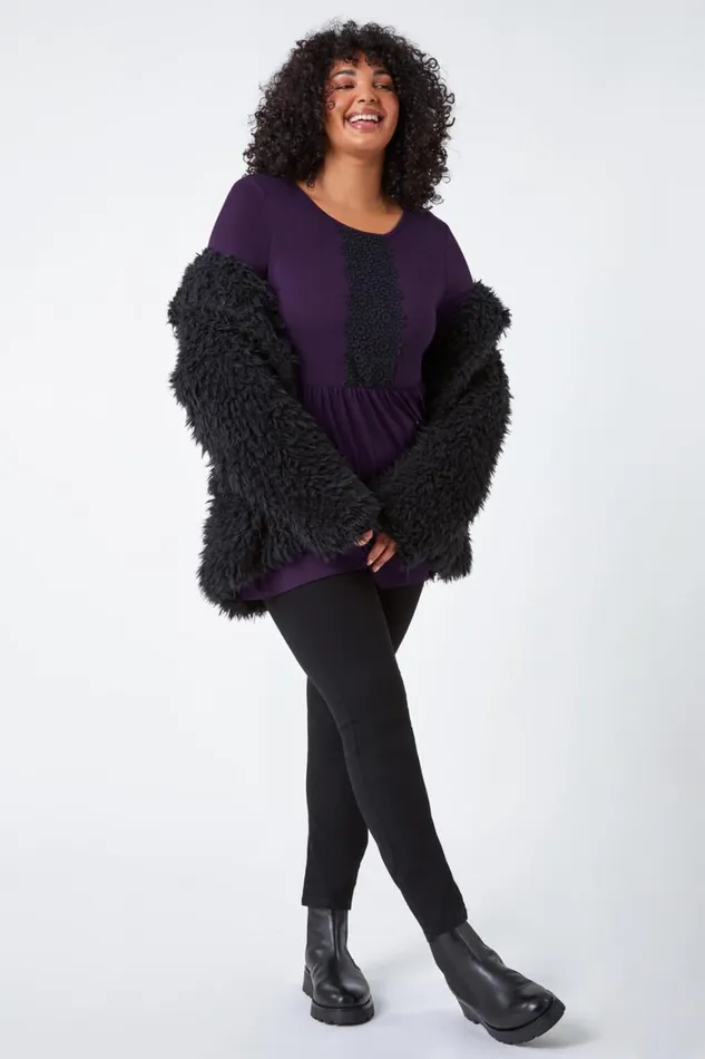 Women Purple Curve Lace Detail Stretch Tunic Top Roman Tops