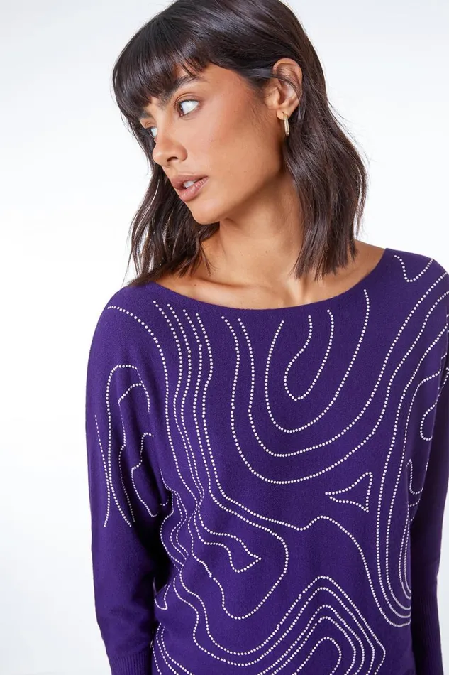 Women Purple Embellished Linear Print Jumper Roman Tops