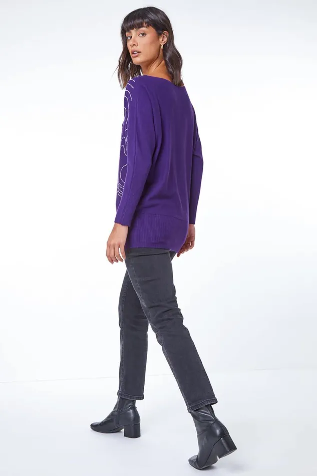 Women Purple Embellished Linear Print Jumper Roman Tops