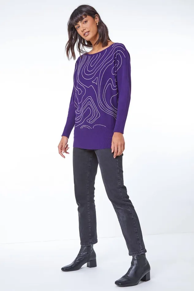 Women Purple Embellished Linear Print Jumper Roman Tops