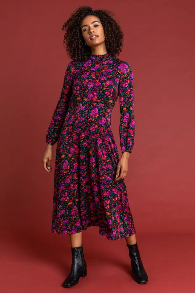 Women Purple Floral High Neck Midi Dress Roman Dresses