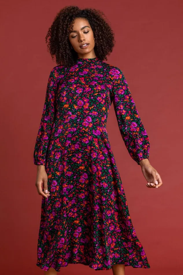 Women Purple Floral High Neck Midi Dress Roman Dresses